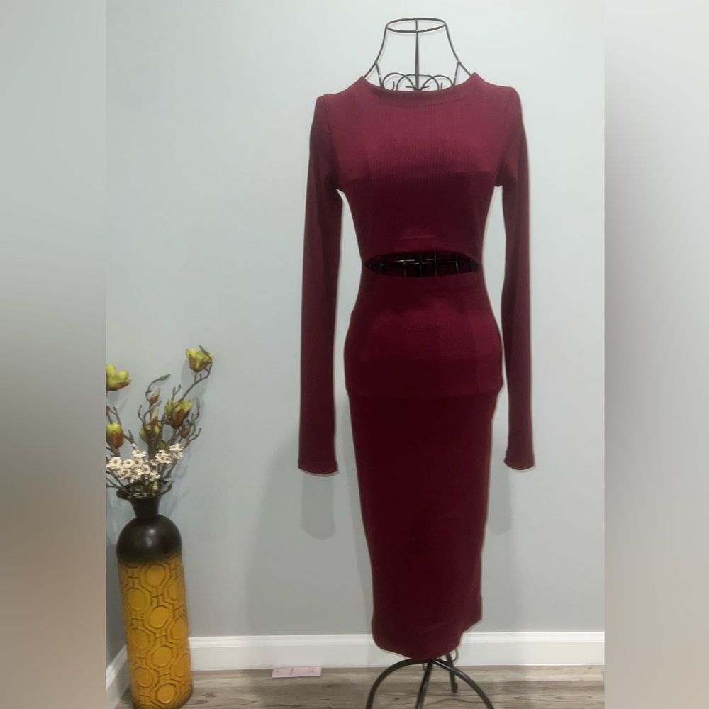 Tyche Ribbed Knit Cutout Midi Dress in Wine | Long Sleeve Bodycon Sweater Dress